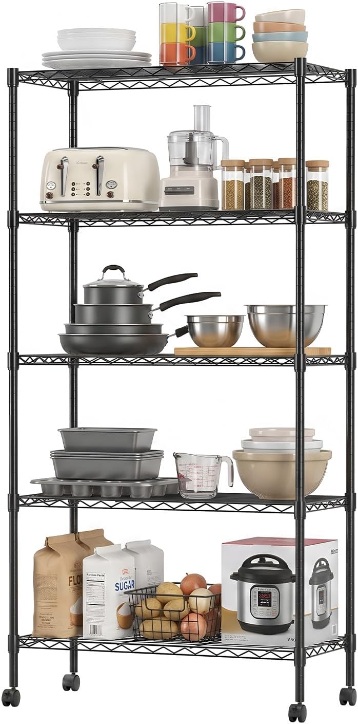 BestOffice | 5-Tier Wire Shelf with Wheels | 14" x 30" x 60" | Black