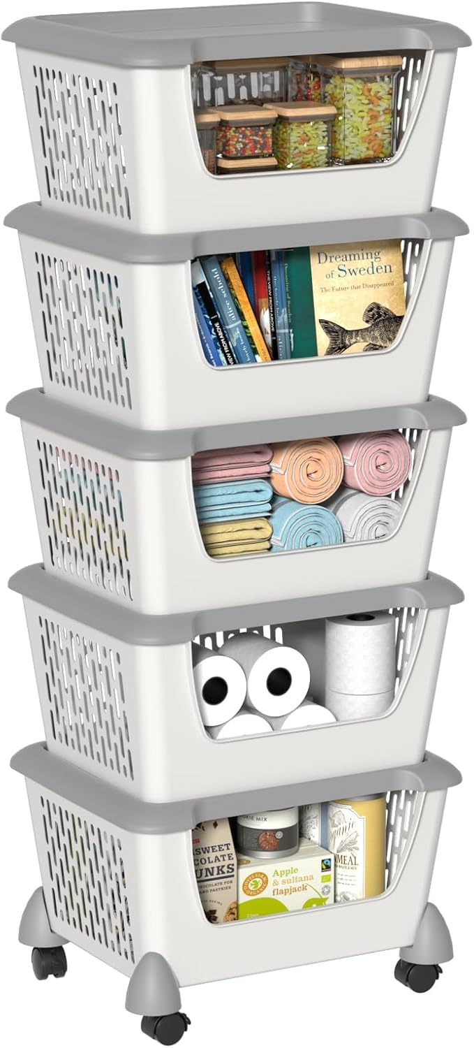Plastic Stacking Basket with Wheels, Stackable Storage Basket Organizer, 5 Tiers
