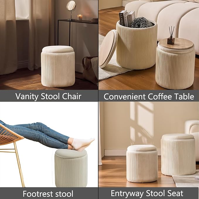 Round Set of 2 Ottoman with Storage-Upholstered Velvet Vanity Stool