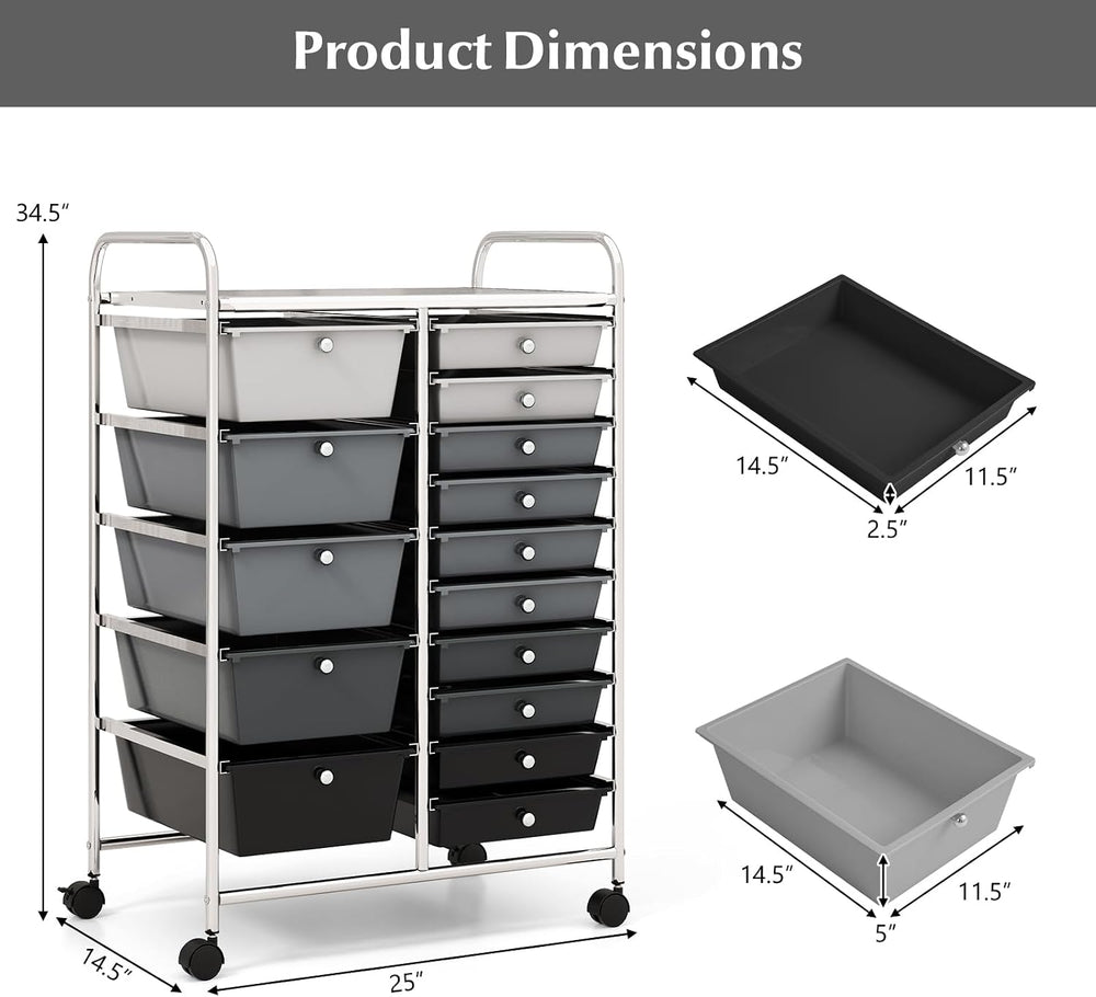 COSTWAY 15 Drawer Rolling Storage Cart, Mobile Storage Organizer