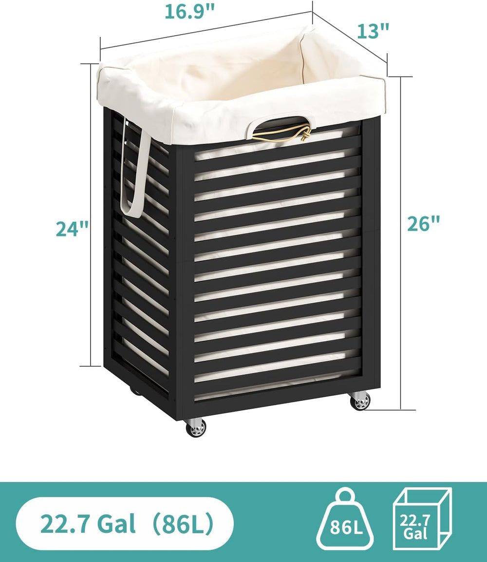 Laundry Basket with Wheels, Rolling Laundry Hamper, Bamboo Wood Laundry Cart ...