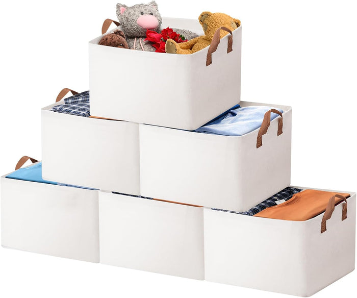 large storage baskets, closet storage bins, Canvas Fabric Storage Basket for shelves, basket organizers for shelf, storage bins for clothes (White 6 Pack, 16"L×12"W×10"H)