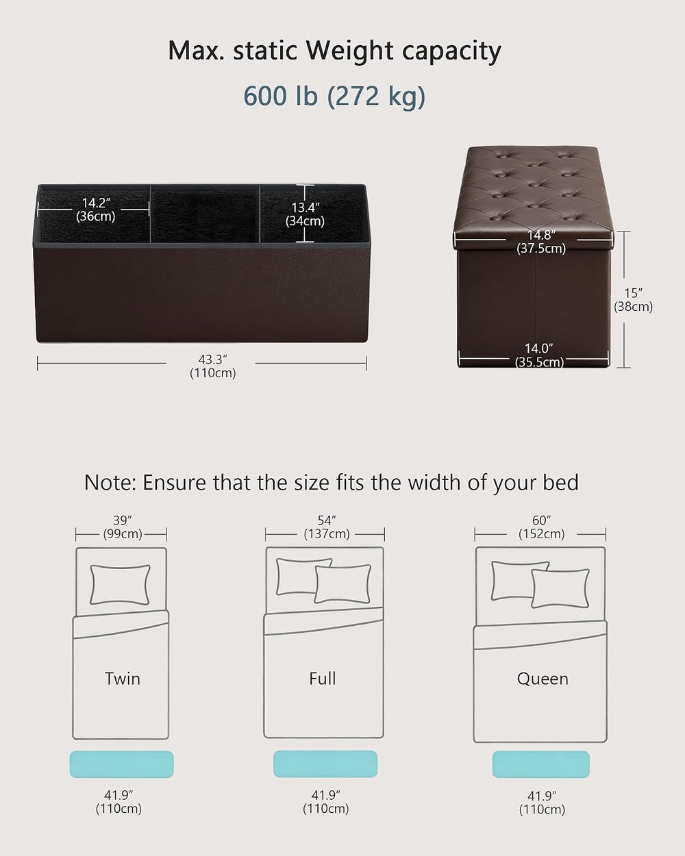 GLAXYFUR 43" Storage Ottoman Bench, Folding Ottoman with 2 Dividers, Brown