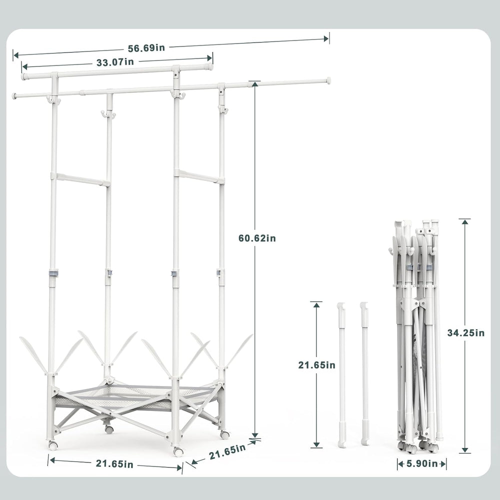 Portable Foldable Clothes Drying Rack - Adjustable Double Extendable Rods (33...