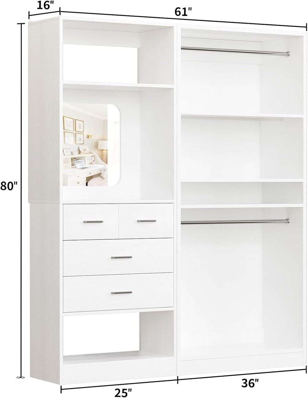 Unikito 61" Closet System, Heavy Duty Wood Closet Organizer with 2 Hangi...
