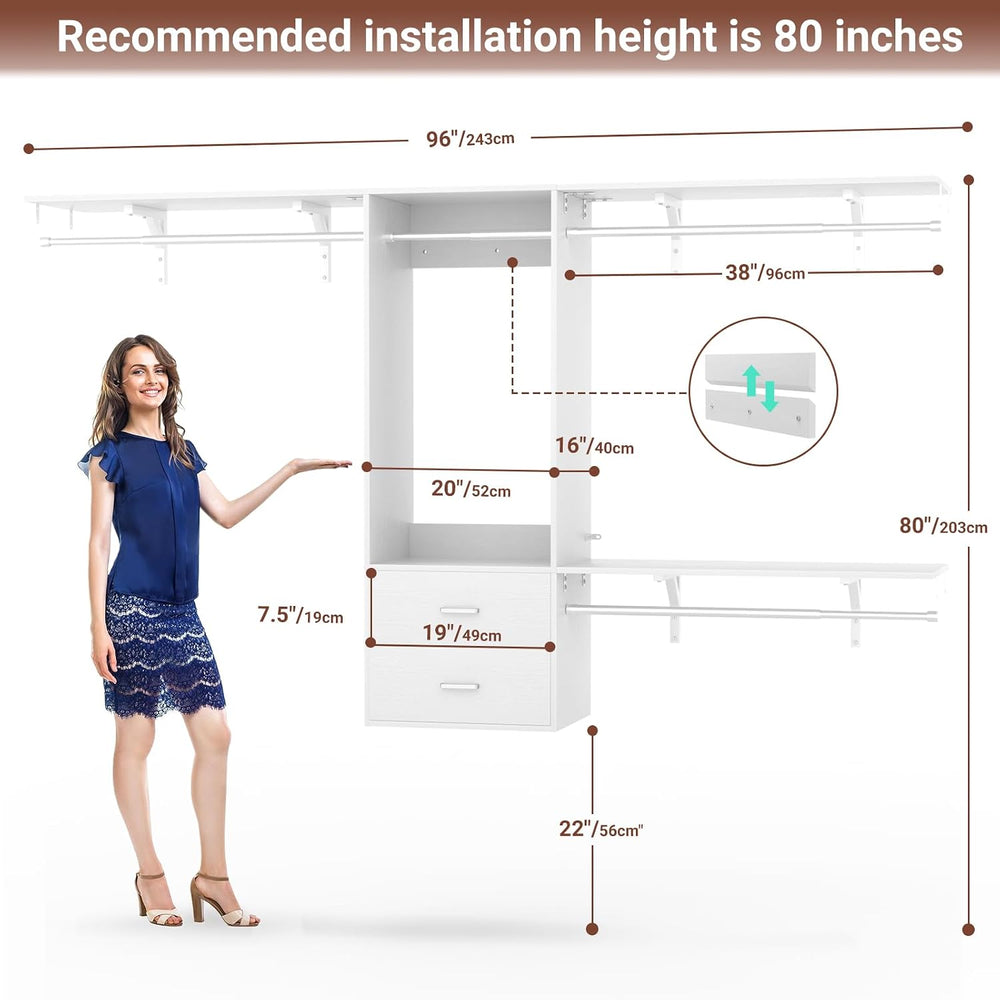 96 Hanging Closet System with 2 Wooden Drawers, 75"–87" Height Adju...