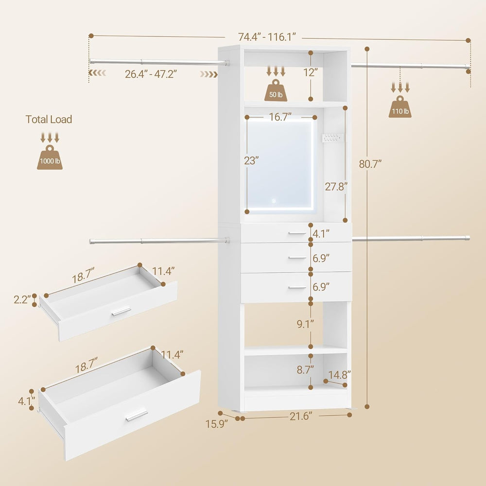 Hzuaneri Closet System Closet Organizer and Storage with 3-Color LED Mirror