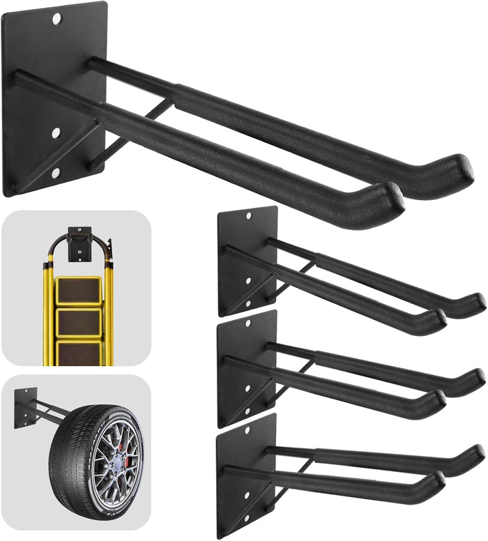 14" Large Heavy Duty Garage Hooks, Steel Garage Storage Hooks with Support Rods, Utility Wall Mount Hangers for Power Tools, Car Tires, Ladders, Chairs, Garden Tools and More (4-Pack 14" Heavy Hooks)