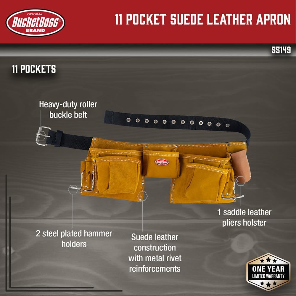 Bucket Boss 3 Tool Bag Suede Leather Tool Apron Tool Belt, with Sewn-On Belt ...