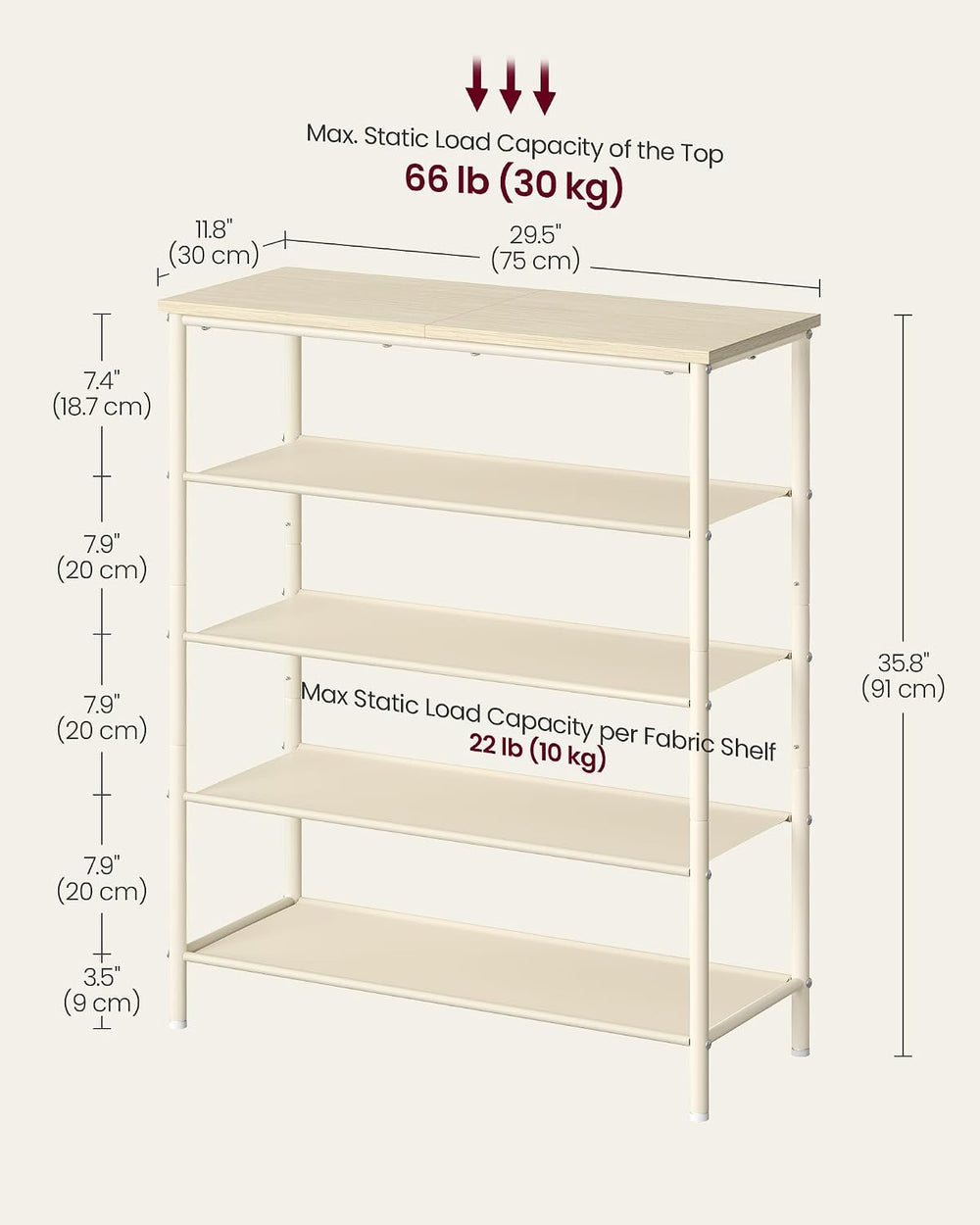VASAGLE 5-Tier Shoe Rack, 12-16 Pairs, Steel Frame