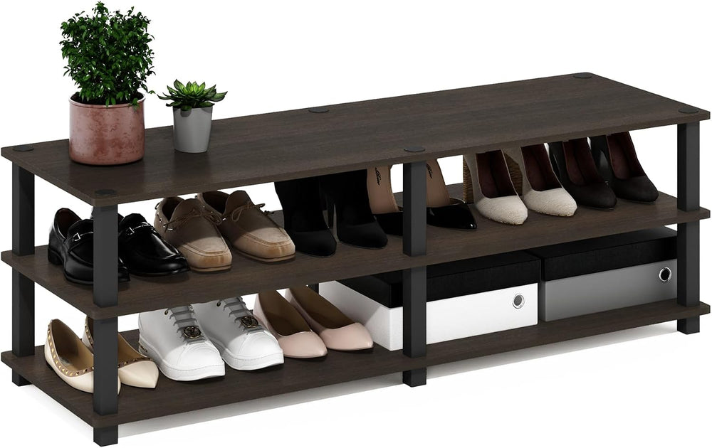 Furinno 14038DBR/BK TST No Tools 3-Tier Wide Shoe Storage Rack, Dark Brown/Bl...