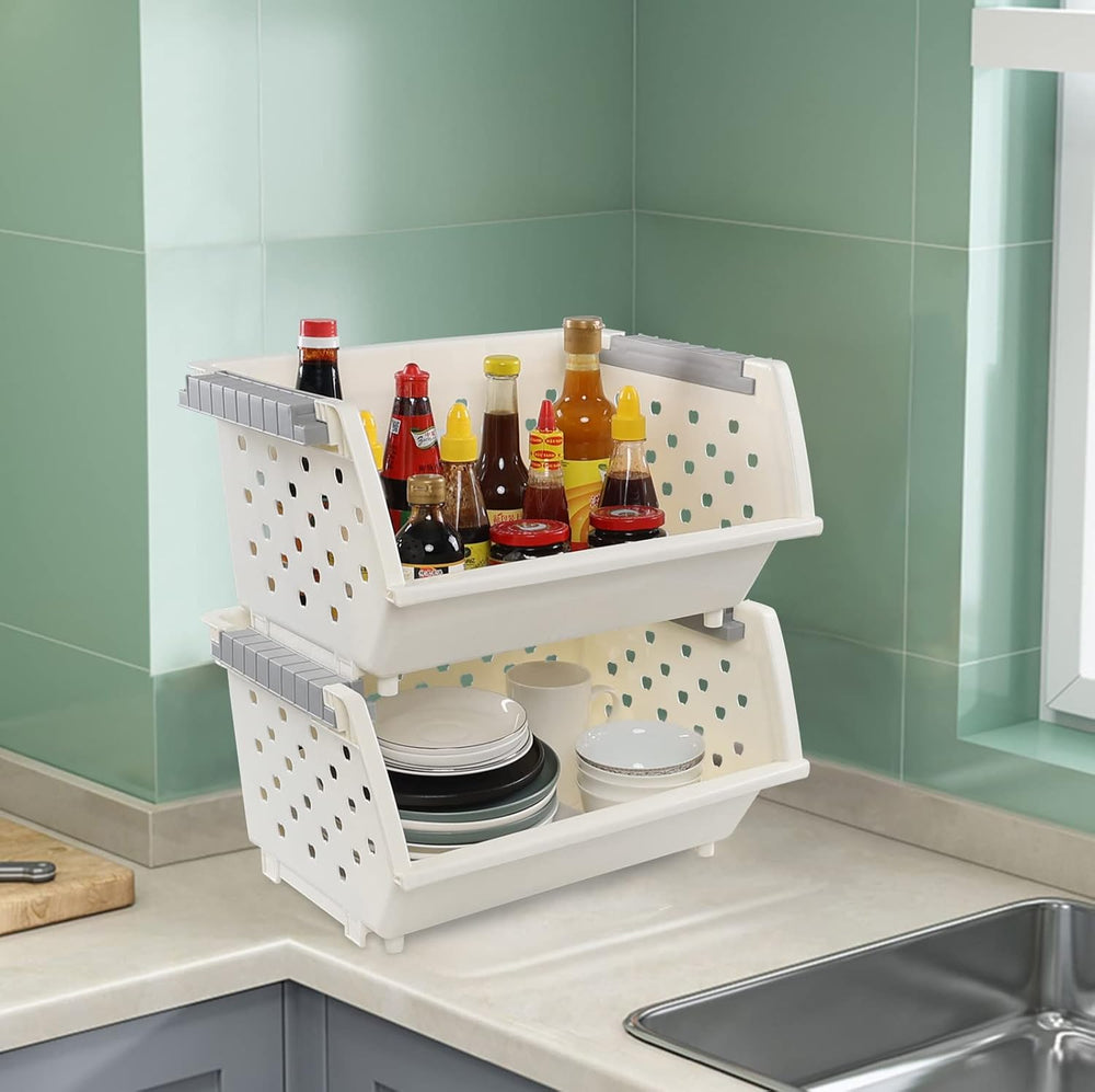 4 Tier Stacking Plastic Basket, Large Stackable Storage Bins Open Front