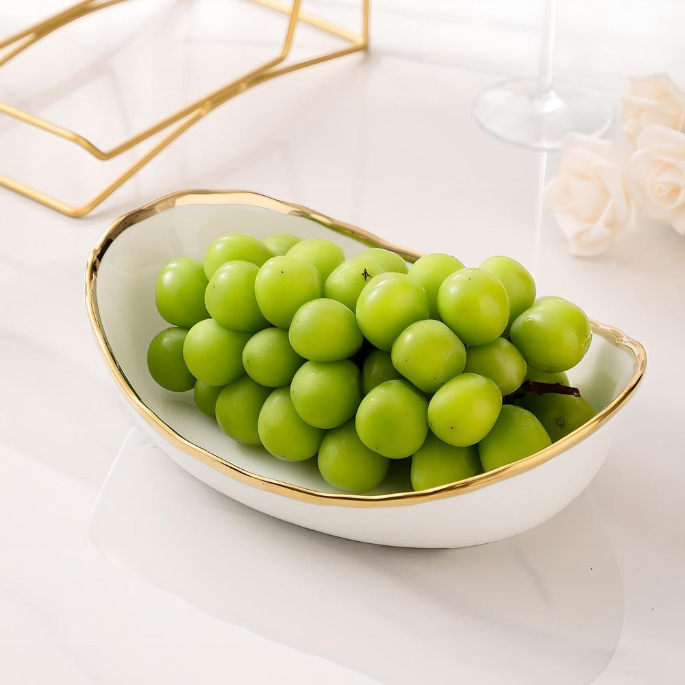 Gold Silver Fruit Bowl with Metal Stand, 3 Tier Ceramic White Fruit Bowl Frui...