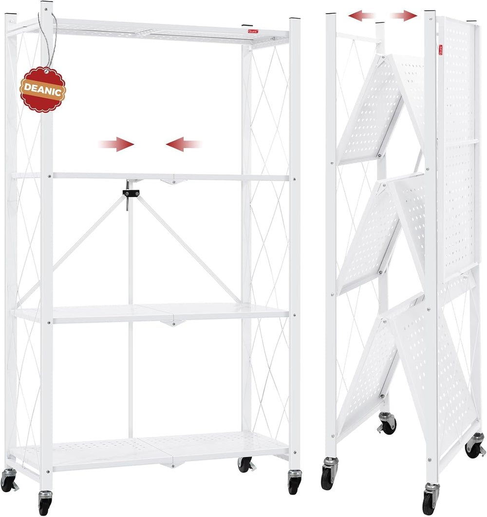 DEANIC 4 Tier Foldable Storage Shelves with Wheels, Large Capacity Shelving U...
