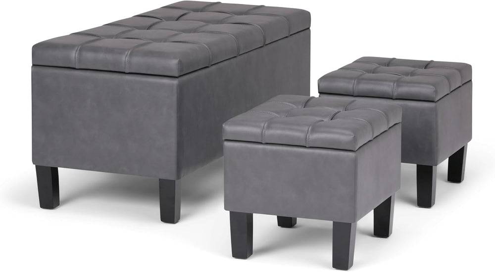 SIMPLIHOME Dover 44" Wide Vegan Leather Storage Ottoman in Grey (Set of 3)