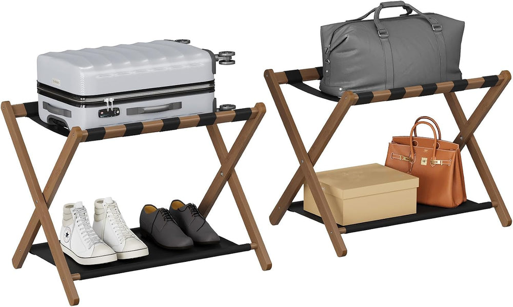 Smuxee Walnut Bamboo Luggage Rack Pack of 2, Foldable Suitcase Stand with Sto...