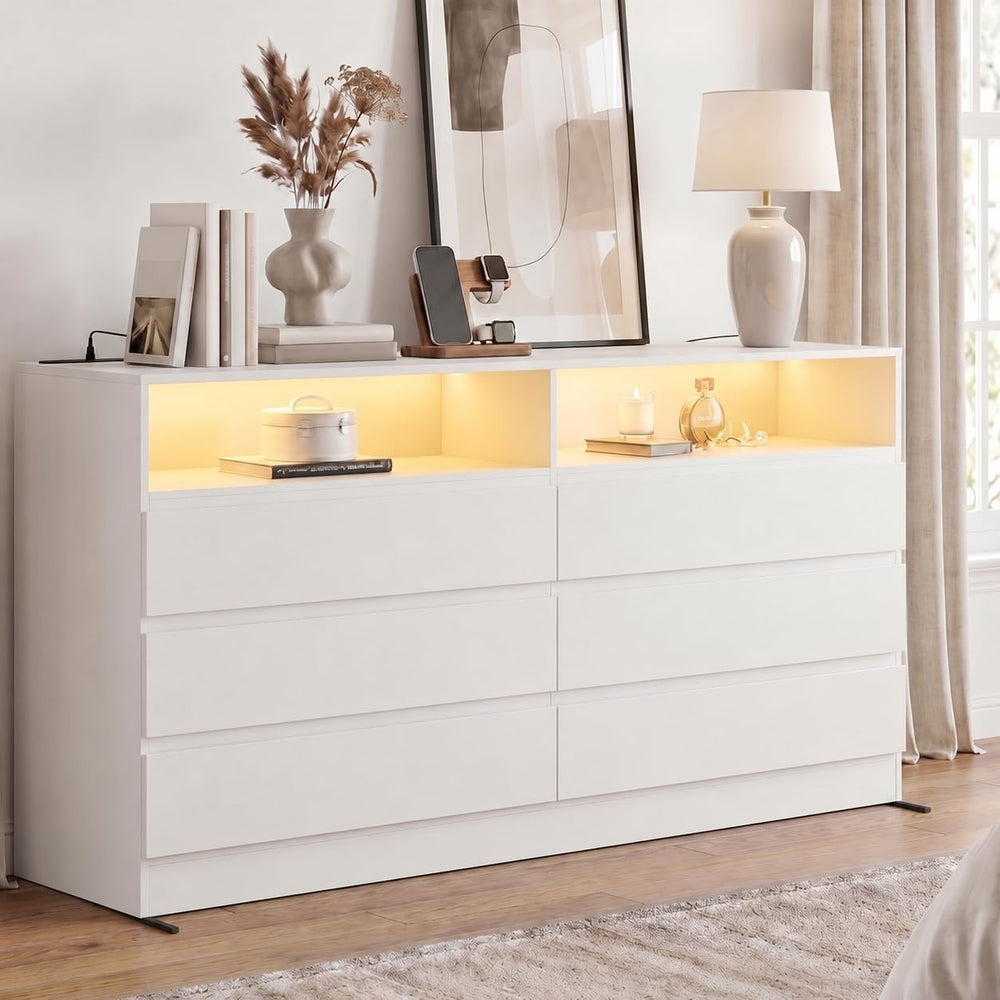 Gyfimoie White 6-Drawer Dresser for Bedroom w/Power Outlet and LED Light