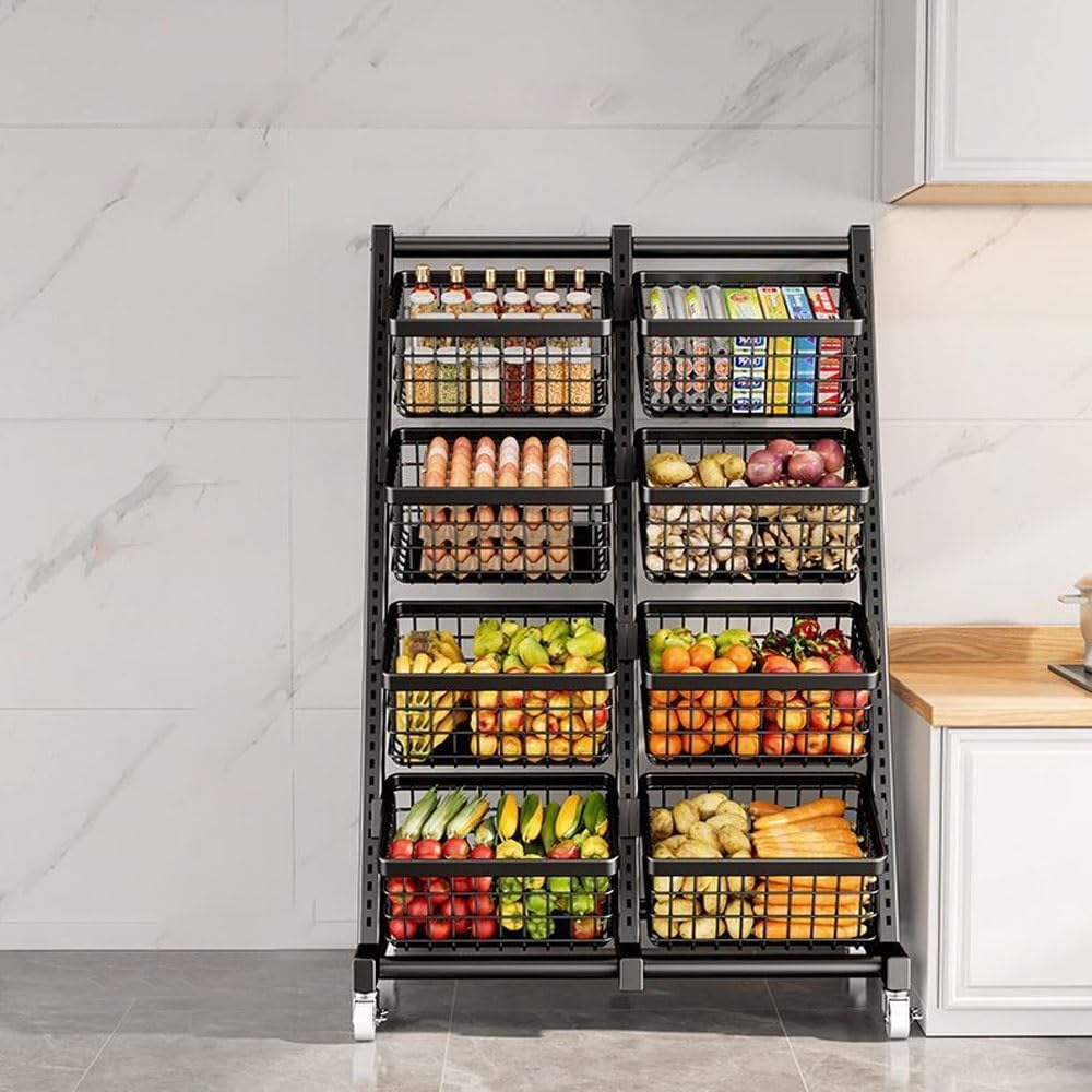 4-Tier Fruit Vegetable Rack, Kitchen Organizer with Wheels(Black)