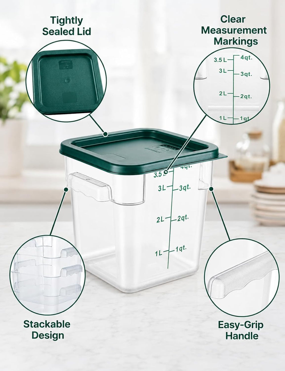 4 Pack 4QT Food Storage Containers with Green Lids - Square, Clear