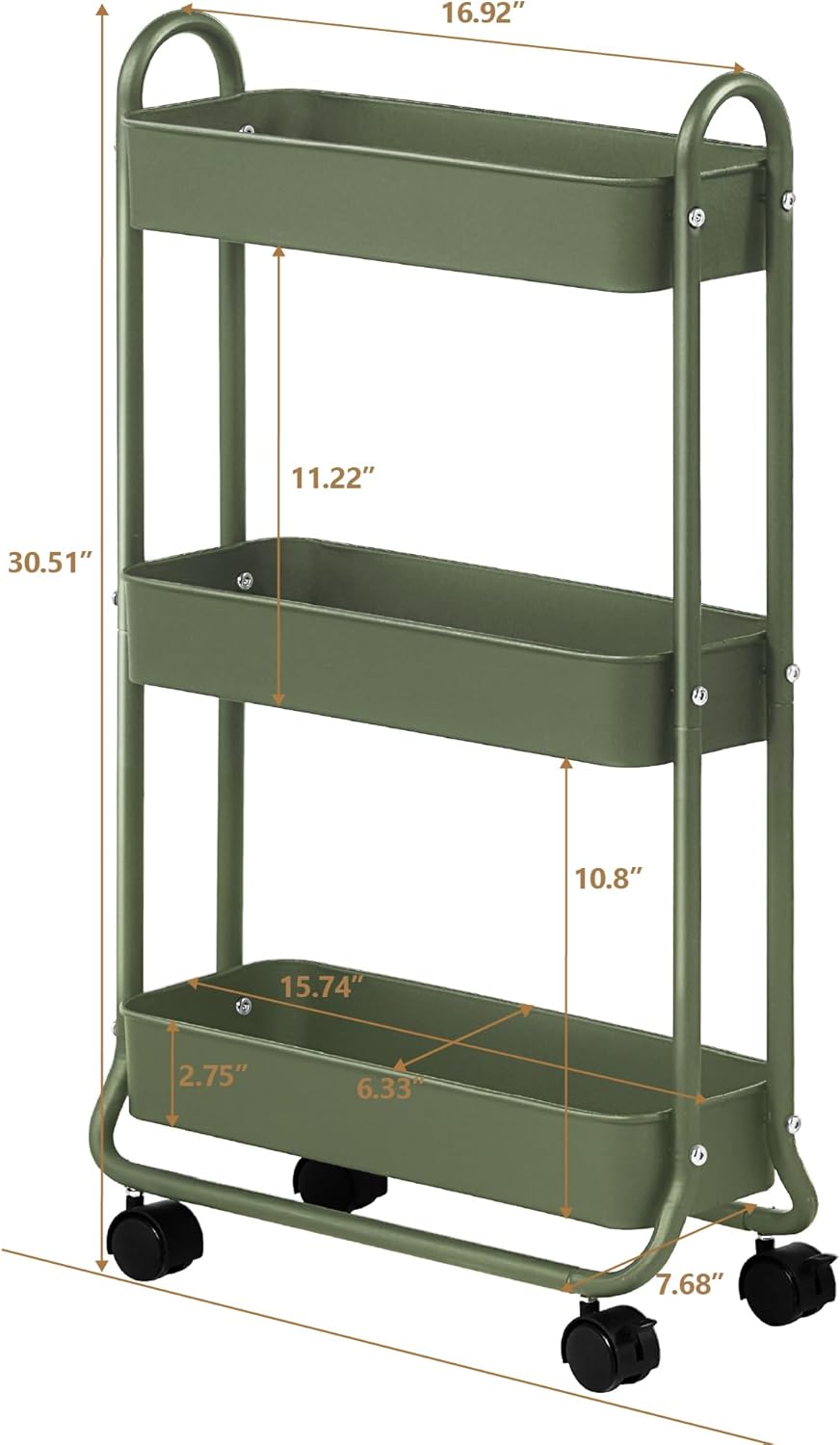 SunnyPoint Slim Rolling Storage Cart, 3 Tier Bathroom Storage Organizer Bathr...