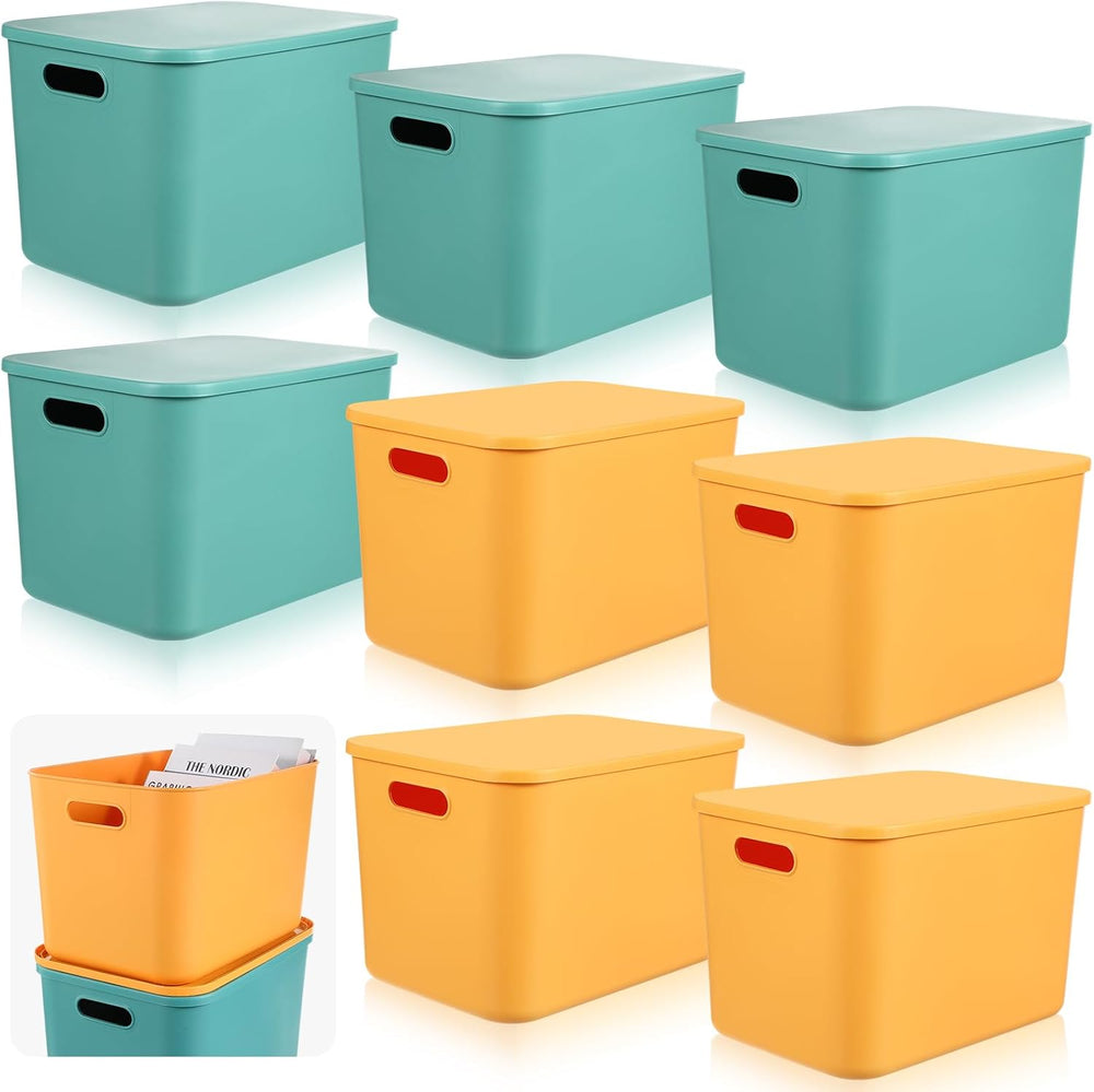 Hoolerry 8 Pieces Storage Bins, 14.2 x 10.2 x 9.5 Inch, Green and Yellow