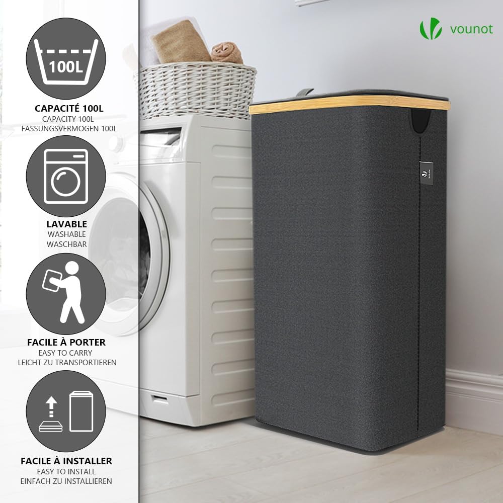 VOUNOT Foldable Laundry Basket 100L with Lid Handles, Collapsible Linen Baske...