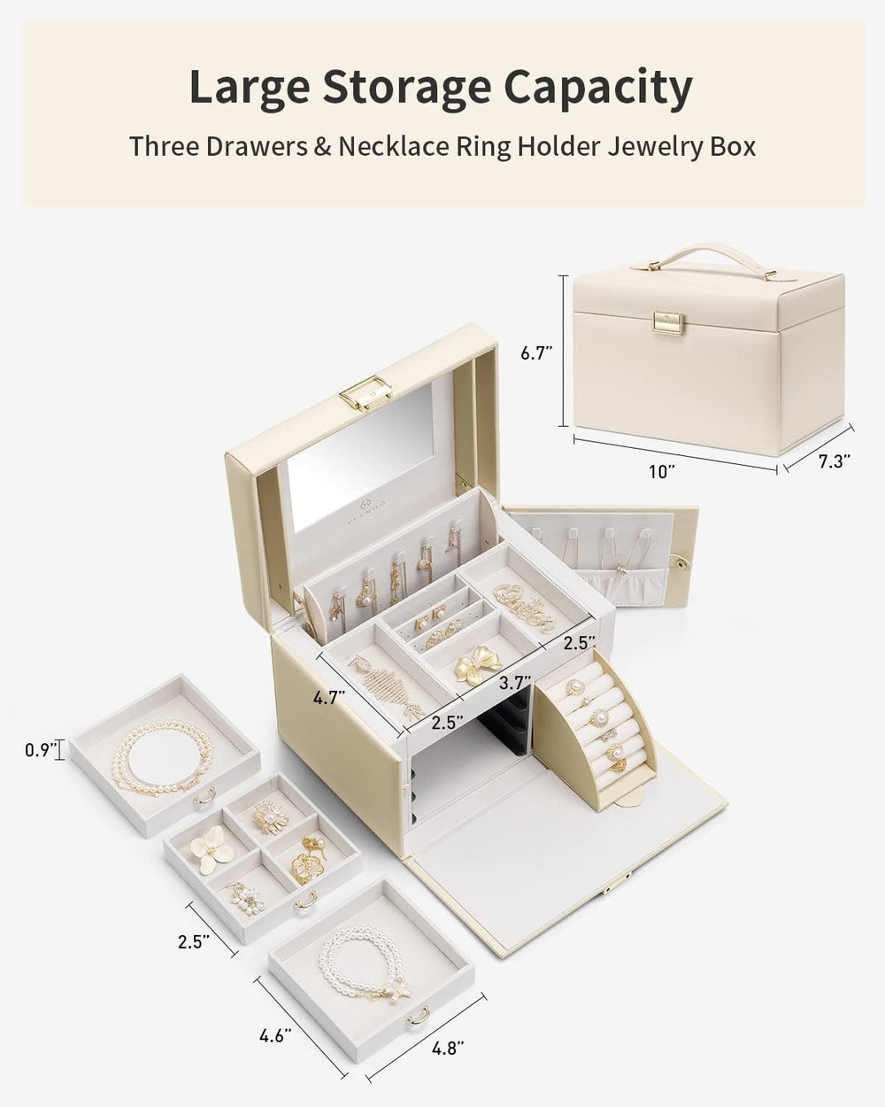 VLANDO Jewelry Box for Girls with Mirror and 3 Drawers,Apricot White