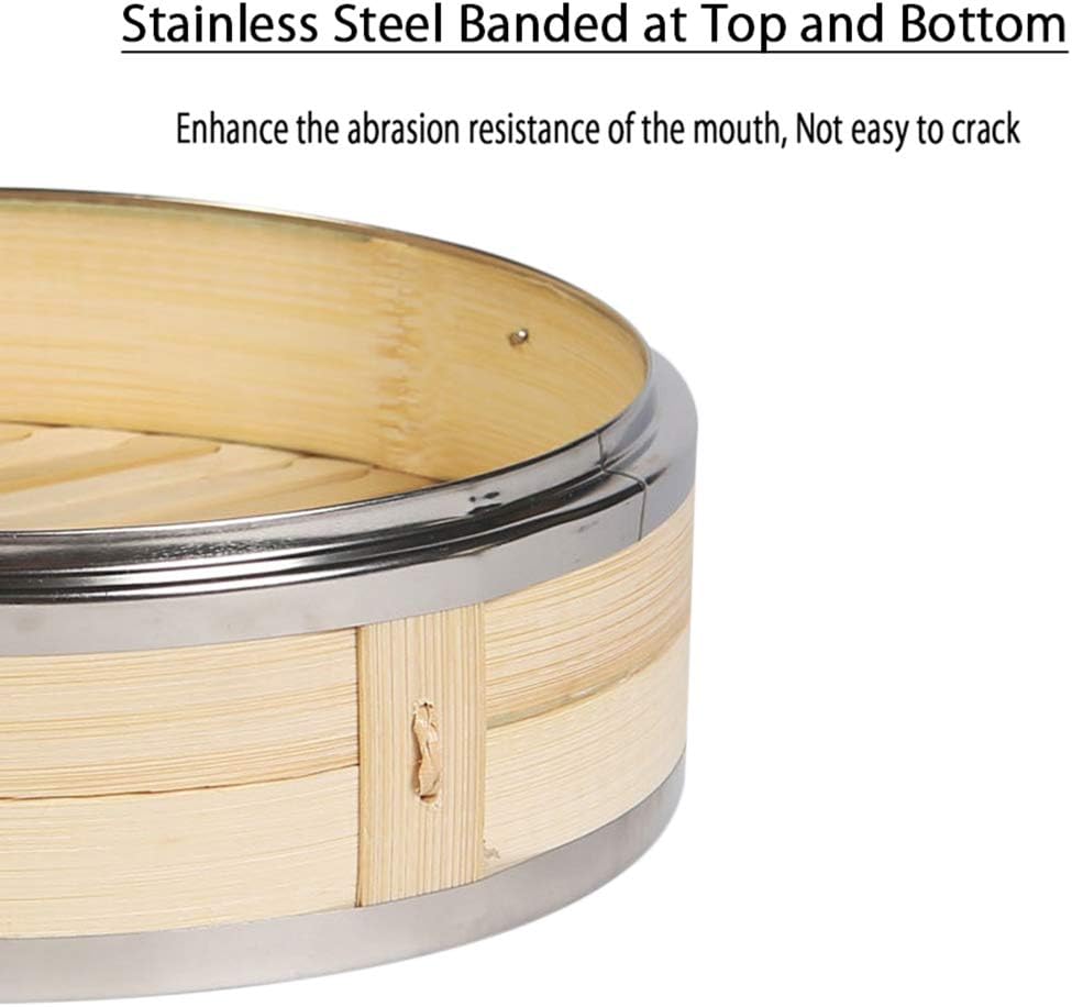 2-Tier Kitchen Bamboo Steamer with Stainless Steel Rings for Asian Cooking | ...