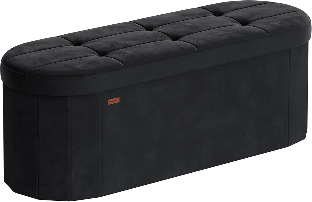 SONGMICS Folding Ottoman with Storage, Oval Bench, Velvet Fabric