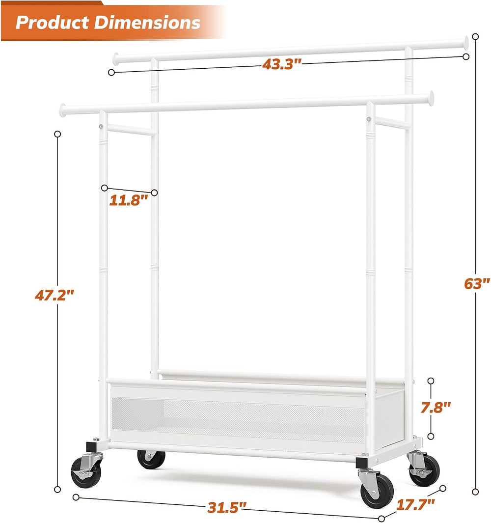 Clothes Rack 210 LBS Double Rods Extra Storage Basket