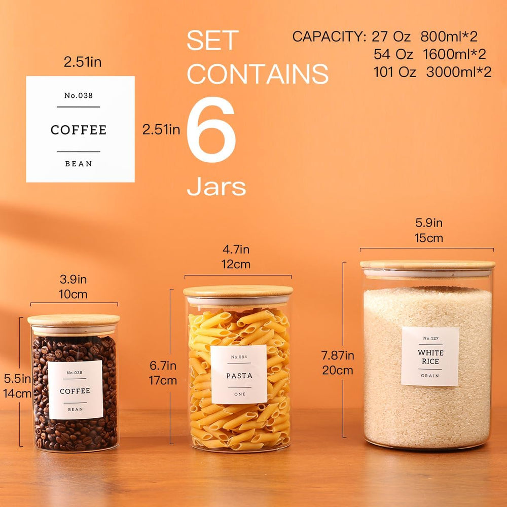 6-Pack Borosilicate Glass Storage Jars with Bamboo Lids + 132 Pre-Printed Pan...