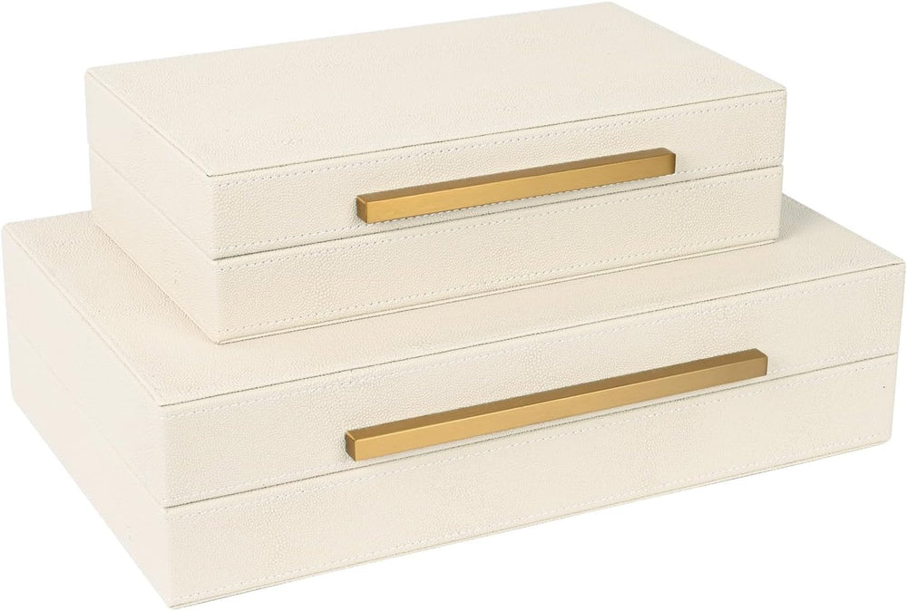 Beige Shagreen Decorative Storage Boxes – Set of 2 Faux Leather Jewelry &...