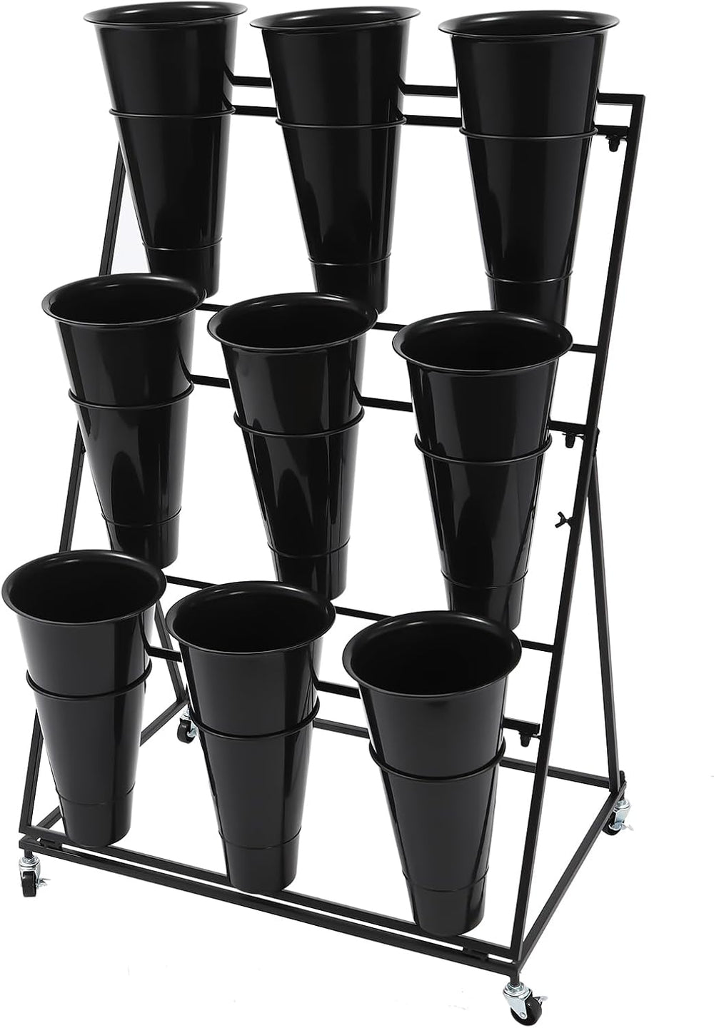 Flower Display Stand with 9 Buckets, 3-Tier Metal Flower Cart with Wheels, He...