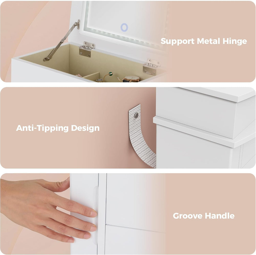 IRONCK Jewelry Cabinet with LED Mirror and 6 Drawers, White