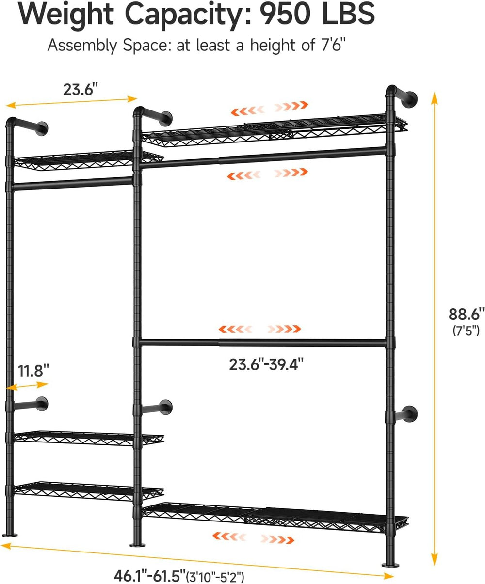ONBRILL H2 Plus Expandable Wall Mounted Closet System Clothes Rack Black