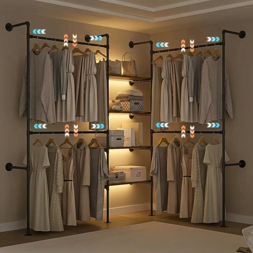 Expandable Industrial Pipe Clothing Rack with LED & Shelves