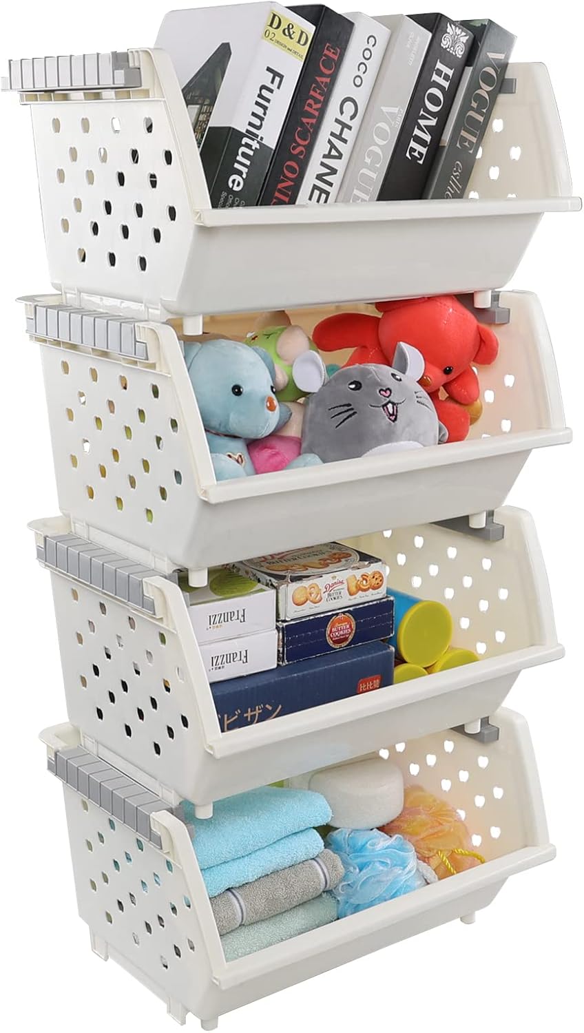 4 Tier Stacking Plastic Basket, Large Stackable Storage Bins Open Front