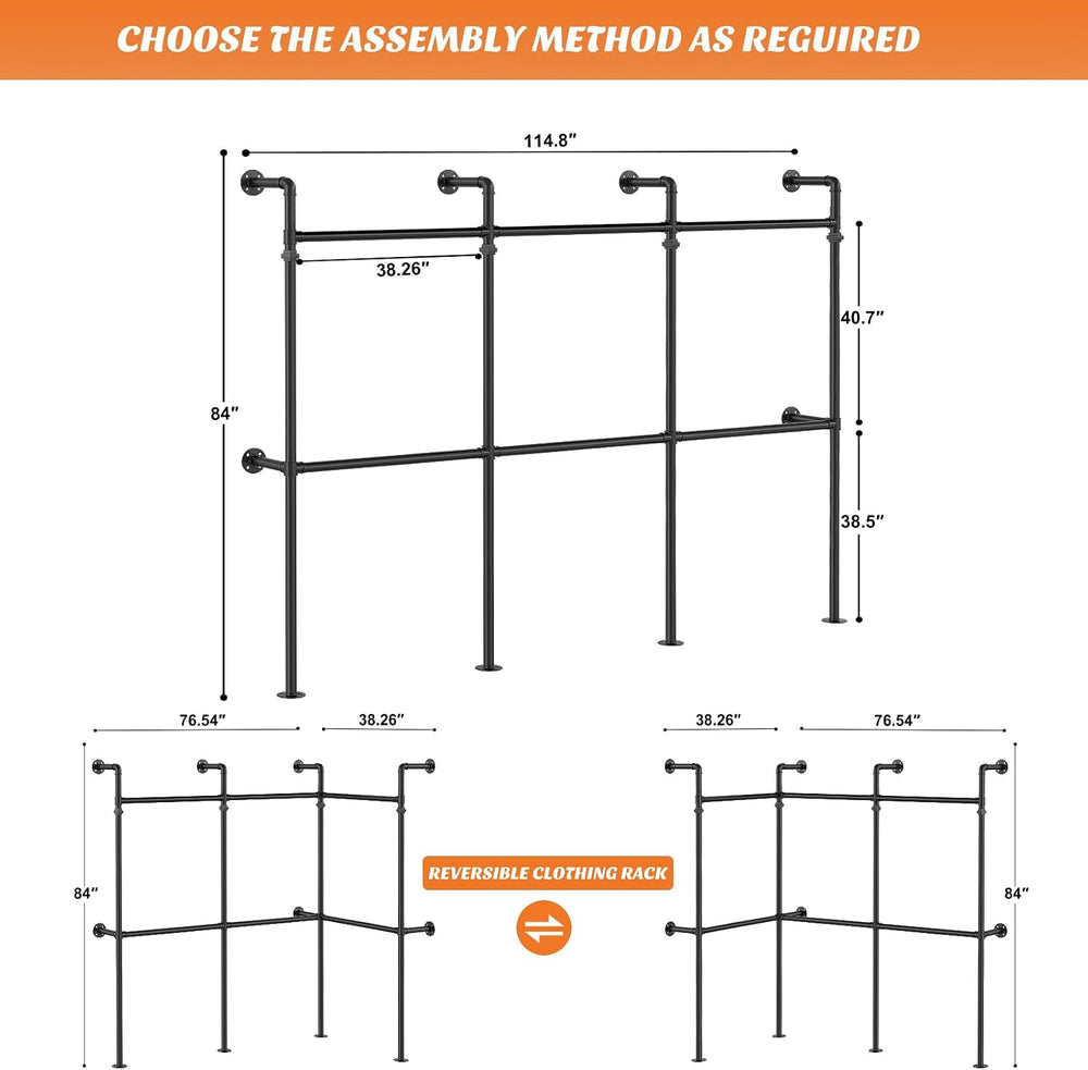 Aheaplus Industrial Pipe Clothing Rack, Reversible 9.85FT Clothes Rack