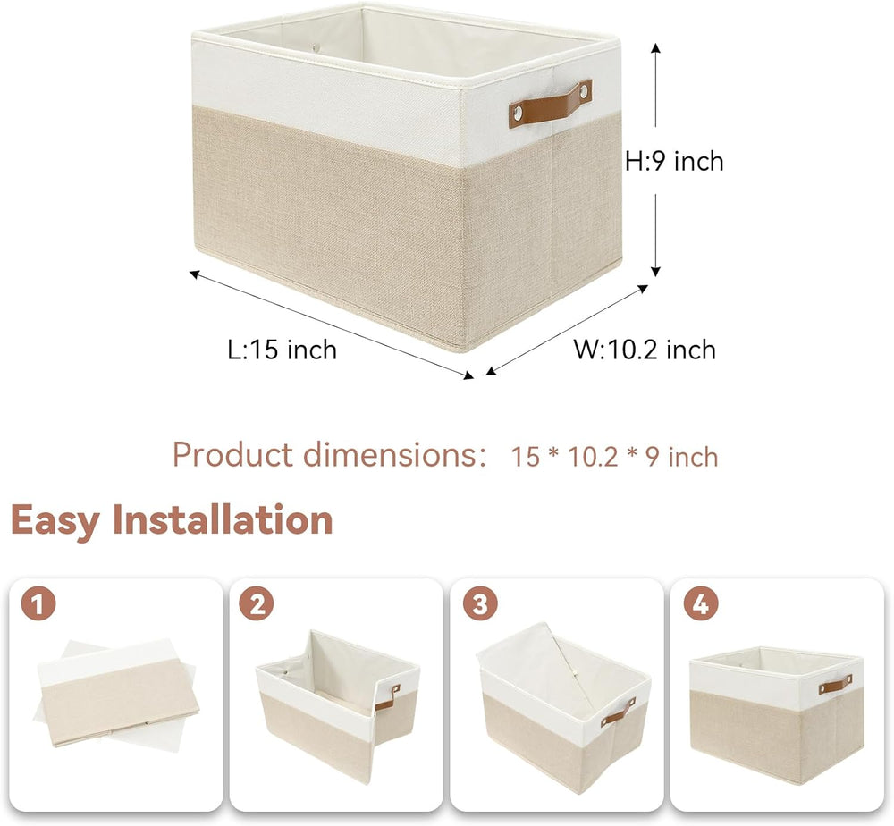 SNWDN 6 Pack Collapsible Fabric Storage Baskets with Handles (White/Beige 15&...