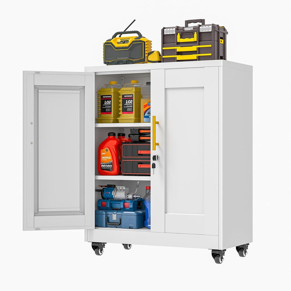Metal Storage Cabinet with Wheels, 36" Tall Locking Storage White