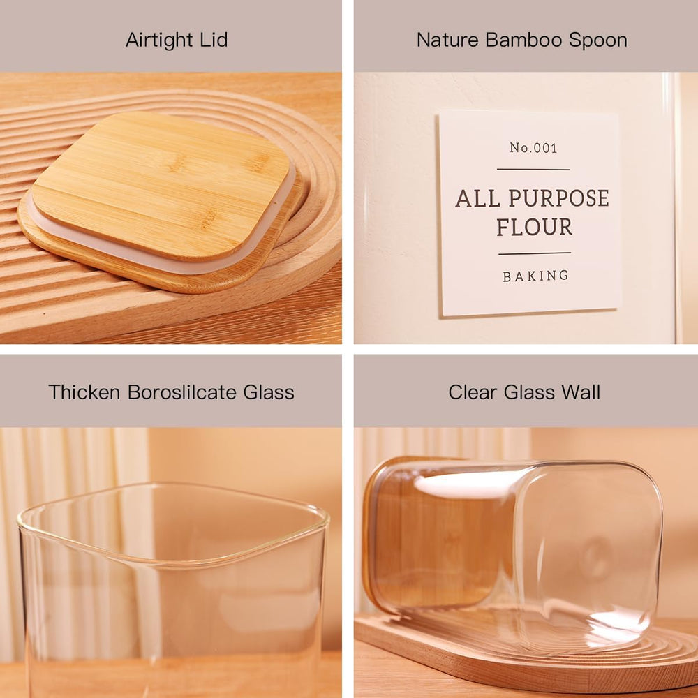 CZZGSM 2 Pack Square Glass Flour and Sugar Containers with 132 Kitchen Pantry...
