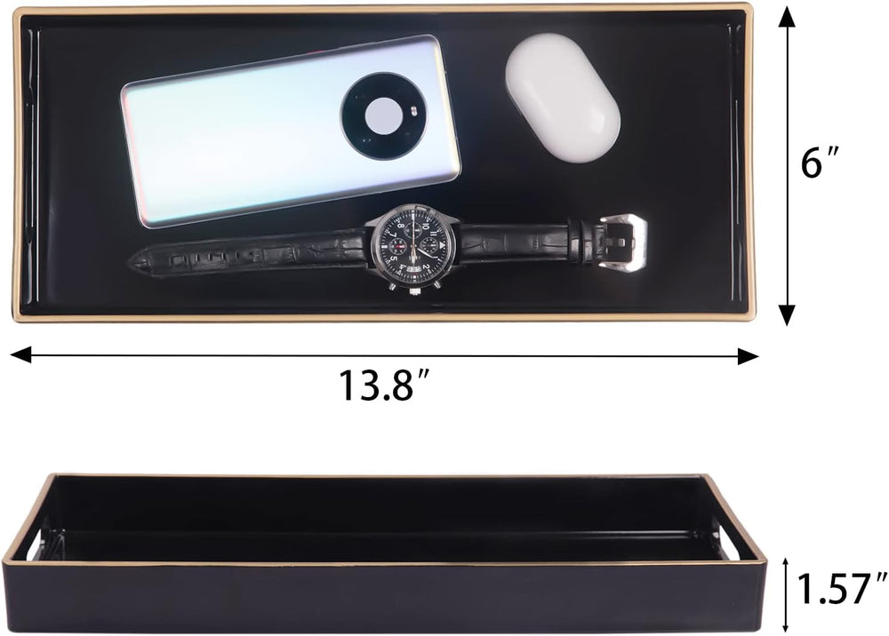 Black Vanity Tray Set of 2, Rectange Toilet Tank Trays with Handles