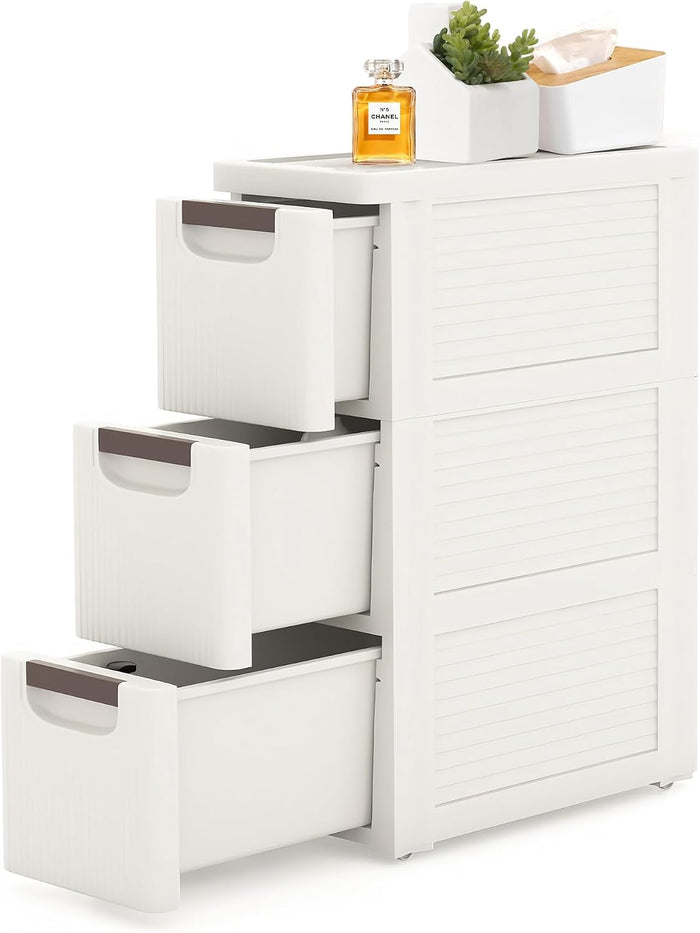 3 Drawer Slim Bathroom Cabinet, Narrow Rolling Cart Organizer, White