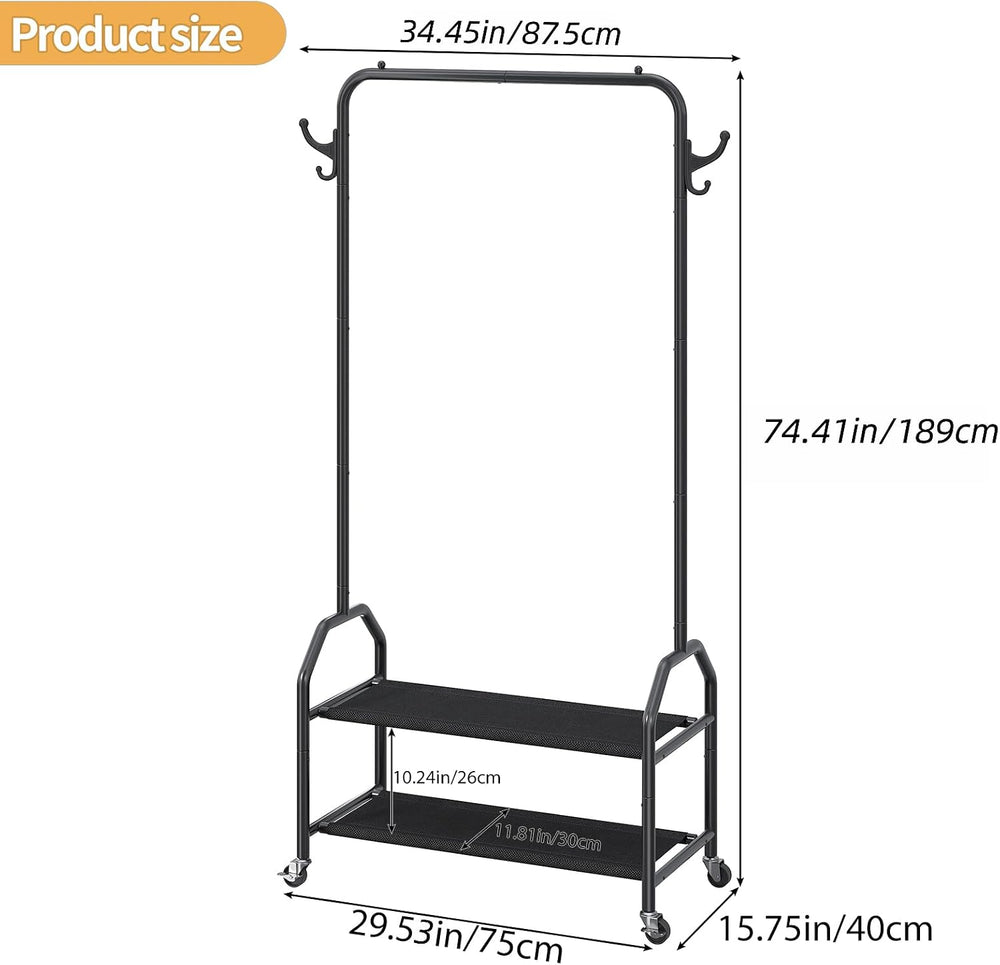 Clothes Rack with 2 Tier Shelves, Rolling Garment Rack