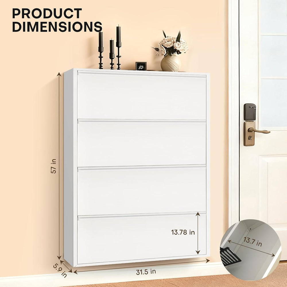 Shoe Storage Cabinet with 4 Flip Drawers, Hidden Slim Narrow Shoe Rack Cabine...