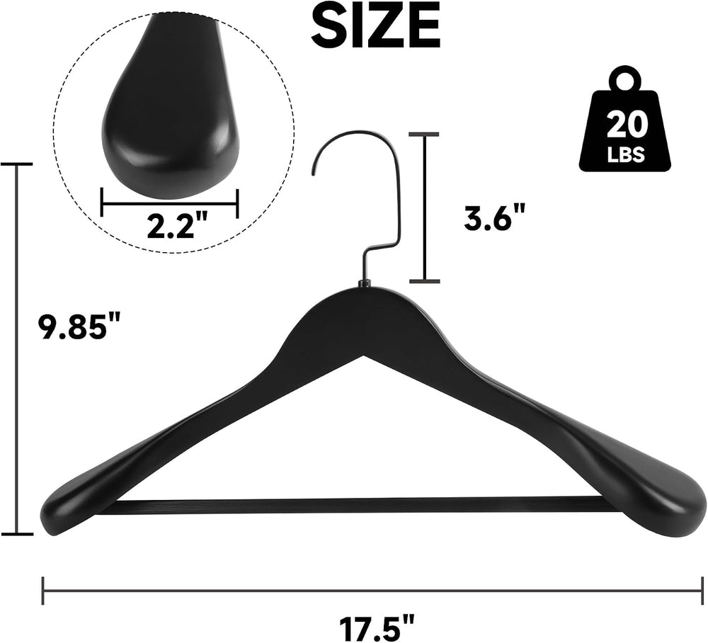 Wooden Suit Hangers with Non Slip Pants Bar, Black, 12-Pack, 17.5"