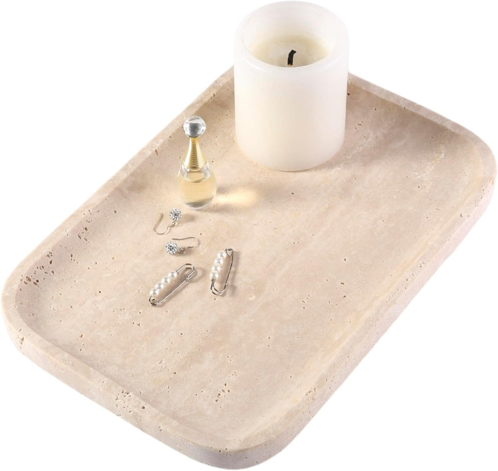Marble Vanity Tray, 11.8" Travertine Bathroom Tray Countertop, Beige Sto...