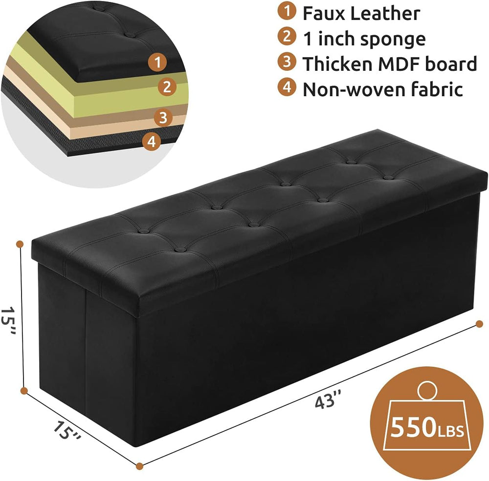 YOUDENOVA 43" Ottoman with Storage, Folding Faux Leather Bench, Black