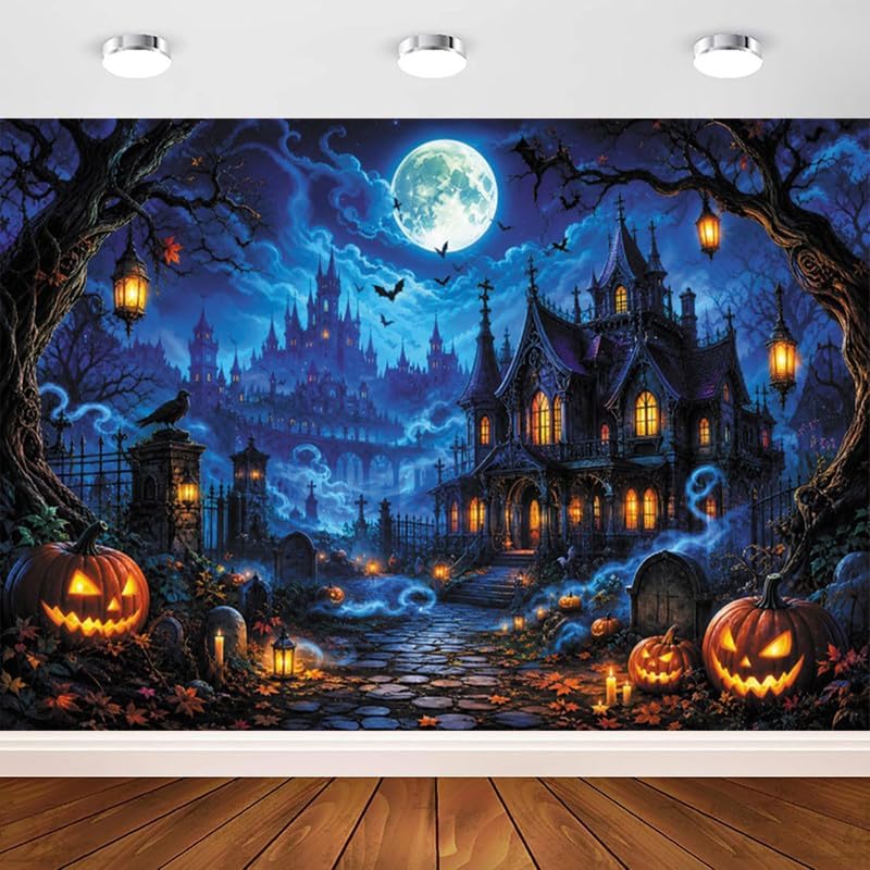 Halloween Scary Castle Backdrop 10x8ft Full Moon Haunted House Spooky Cemeter...