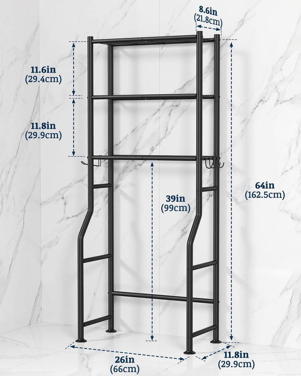 3-Tier Over Toilet Storage Cabinet, 64" H, Black, 2 Baskets